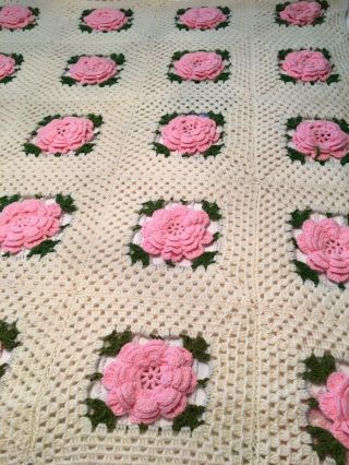 VTG Handmade Granny Crochet Blanket Afghan 3D Pink Roses 57x47 3