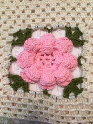 VTG Handmade Granny Crochet Blanket Afghan 3D Pink Roses 57x47 5