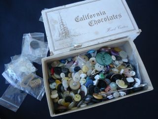 Vintage California Chocolate Box Of Old Buttons Glass Bakelite Etc
