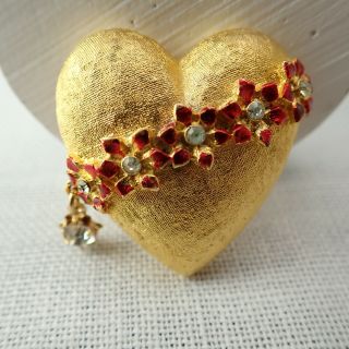Vintage Mylu Red Flower Banded Gold Tone Heart Pin Brooch With Dangle Accent