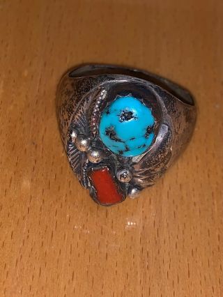 Vtg Sterling Silver Navajo Turquoise Coral Feather Men 