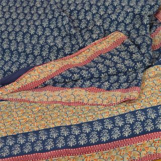 Sanskriti Vintage Blue Saree 100 Pure Crepe Silk Printed Fabric Soft Craft Sari