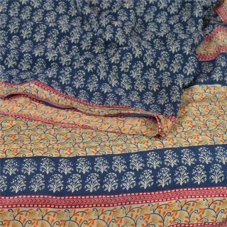 Sanskriti Vintage Blue Saree 100 Pure Crepe Silk Printed Fabric Soft Craft Sari 2