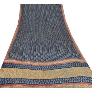Sanskriti Vintage Blue Saree 100 Pure Crepe Silk Printed Fabric Soft Craft Sari 3