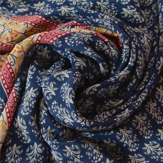 Sanskriti Vintage Blue Saree 100 Pure Crepe Silk Printed Fabric Soft Craft Sari 4