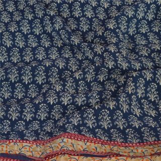 Sanskriti Vintage Blue Saree 100 Pure Crepe Silk Printed Fabric Soft Craft Sari 5