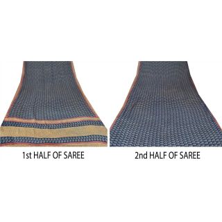 Sanskriti Vintage Blue Saree 100 Pure Crepe Silk Printed Fabric Soft Craft Sari 8