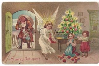 Vintage 1906 - 15 German Pc - Embossed - Brown Santa Claus - Christmas Tree - Angel