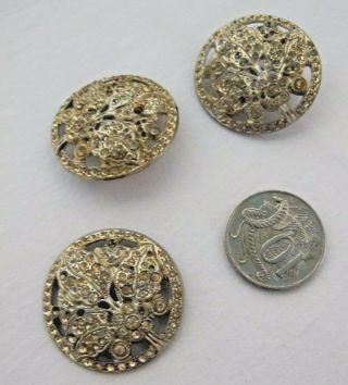 3 X Buttons Marcasite 1930s 1940s Vintage Large Shank Retro Silver Metal