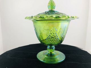 Vintage Indiana Green Carnival Glass Harvest Grape Lidded Compote Open Lace Edge