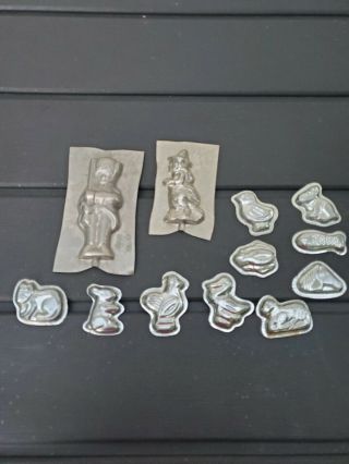 10 Vintage Chocolate Candy Molds Metal Small Animals,  1 Larger Soldier & Witch