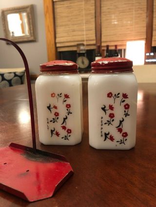 Vintage Tipp City Milk Glass Shakers Salt Pepper Flowers Red Metal Top Caddy Set 2