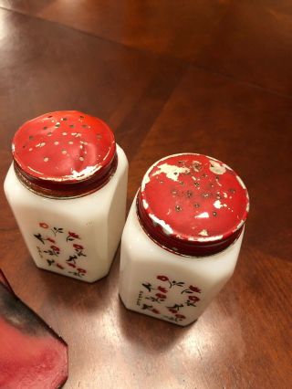 Vintage Tipp City Milk Glass Shakers Salt Pepper Flowers Red Metal Top Caddy Set 3