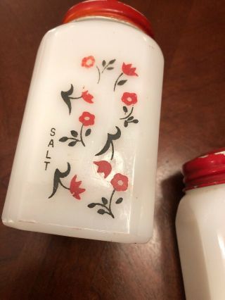 Vintage Tipp City Milk Glass Shakers Salt Pepper Flowers Red Metal Top Caddy Set 5