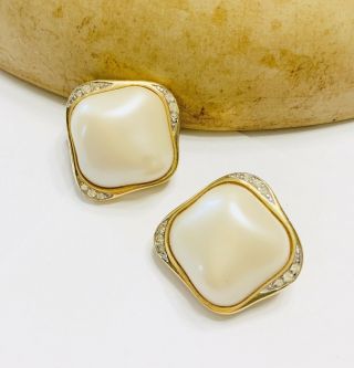 Vintage Givenchy Paris Gold Tone Faux Pearl Rhinestone Clip On Earrings 1 1/8”
