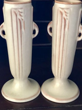 2 Vintage Roseville Arts Crafts Art Pottery Moderne 790 - 7 Pink Tan Bud Vases