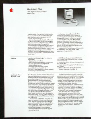 Apple Macintosh Plus Tech Sheet,  Vintage
