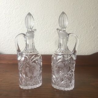 Vintage Crystal Vinegar And Oil Cruet Set - Etched Flowers With Stoppers.