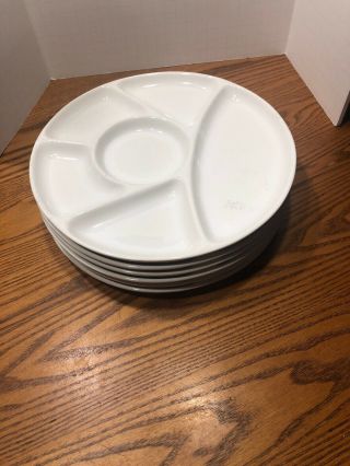 Vintage Fondue Sushi Dinner Divided Plates 9 " White Glazed Set Of 6 Unmarked