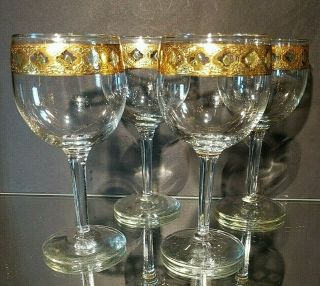 4 (four) Vintage Culver Ltd Glass Valencia Wine Glasses 24k Gold Trim