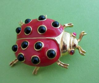 Vintage Trifari Ornate Gold Tone Red Enamel Ladybug Insect Brooch Pin