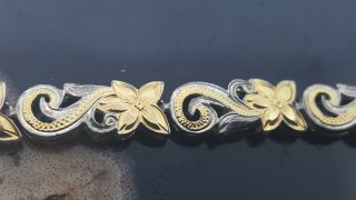 Vintage Sterling Silver Bracelet Engraved Floral Design And Gold Trim