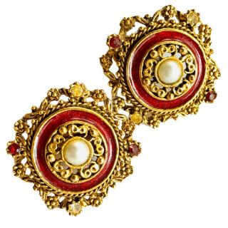 Vtg Florenza Gold Etruscan Red Enamel Rhinestone Pearl Earrings Designer - 23