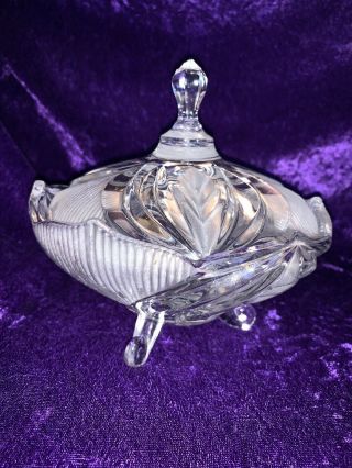 Heavy Vintage Clear Cut Crystal Footed Frosted Candy Dish With Lid