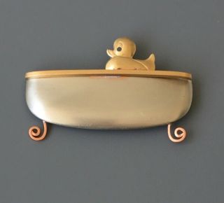 Vtg Handcrafted Duck In The Bath Tub Brooch Pin In Copper Metal