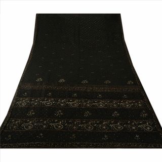 Tcw Vintage Saree 100 Pure Silk Hand Beaded Woven Black Craft Fabric Sari 3