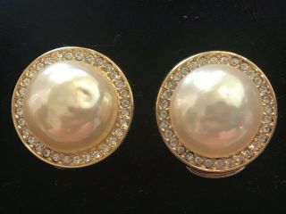Vintage Signed Christian Dior Faux Baroque Pearl Rhinestone Clip On Earrings