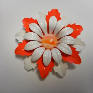 Wow Vintage Enamel Flower Pin / Brooch Orange And White Fantastic