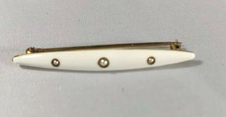 Vintage Mcm Deco Atomic 14k Gold White Enamel Pearl Bar Pin Brooch Modern Retro