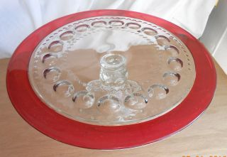 Vintage Glass Cake Plate On Pedestal With Red Trim