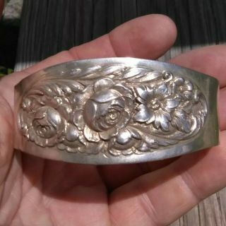 Vintage S.  Kirk And Son Sterling Repousse Cuff Bracelet Rose Floral