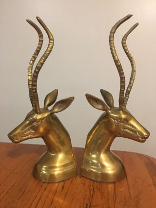 Vtg Mid Century Set Solid Brass Metal Gazelle Antelope Head Book Ends