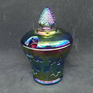 Scarce Vintage Indiana Blue Iridescent Carnival Glass Jar W/lid Strawberry