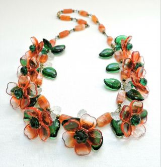 Vintage Orange & Green Flowers Leaves Lampwork Art Glass Bead Necklace Au1906