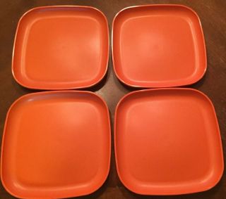 Tupperware 8 " Square Luncheon Plates,  Set Of 4,  Vintage Dark Orange
