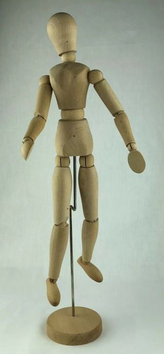 Vtg Hard Wood Jointed Human Female Figure Artists Manikin 16 " Stand Loew Cornell