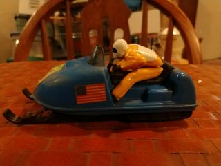 5 1/2 " Long Vintage Blue Eldon Slot Car Snowmobile & Rider American Flag 2
