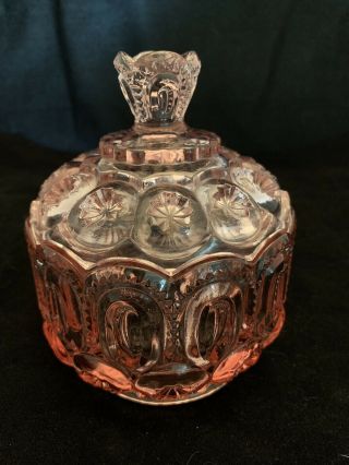 Vintage Mid Century Le Smith Moon And Stars Pink Rose Glass Covered Candy Dish