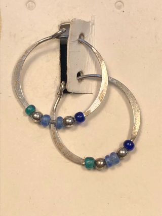 Vintage 925 Sterling Silver Pierced Earrings Blue Beaded Hoops With Tags