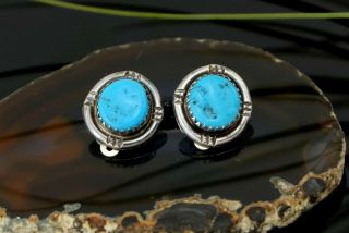 Vtg Sterling Silver Bright Blue Turquoise Navajo Stud Clip Earrings
