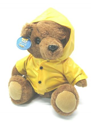 Vintage Dakin Brown Teddy Bear Plush Stuffed Yellow Raincoat 1986 10 " Sitting