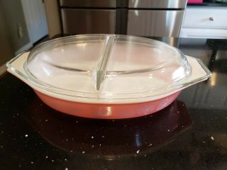 Vintage Pyrex Pink Daisy Divided Casserole Dish w/ Lid 1 1/2 Quart 2