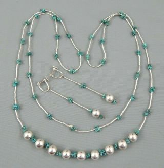 2 Pc Vintage Southwestern Sterling Silver Turquoise Bead Necklace & Earring Set