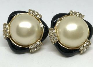 Vintage Ciner Goldtone Faux Pearl Black Enamel Rhinestones Clip - On Earrings