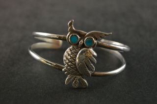 Vintage Sterling Silver Owl Cuff Bracelet W Turquoise Stones - 20g
