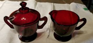 Vintage Lidded Ruby Red Creamer & Sugar Bowl Set - Cond
